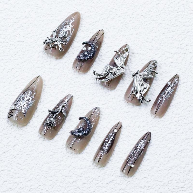Sheer Grey-Brown Glitter Stiletto Press-On Nails with Silver Butterfly | Long Gothic - Image 3