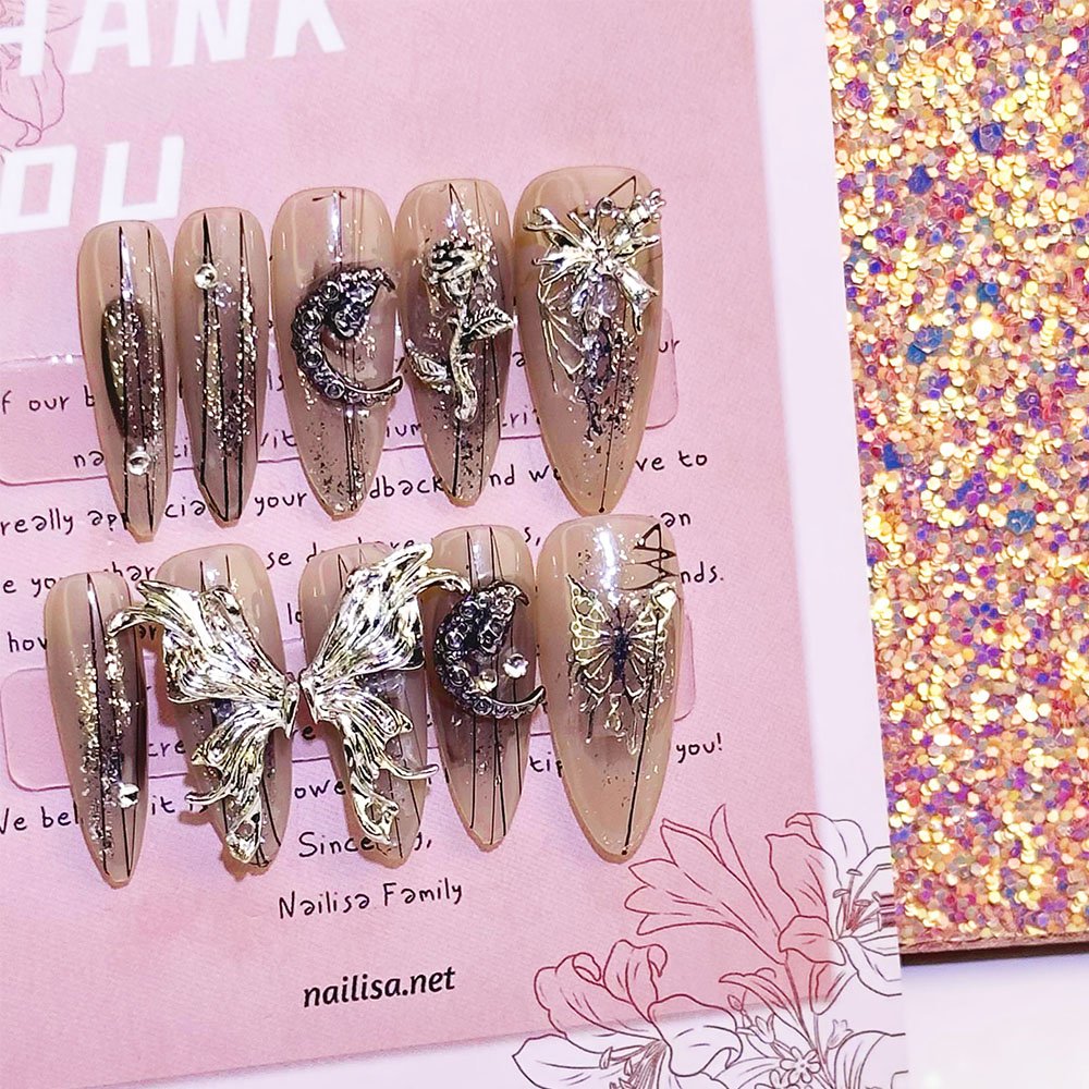 Sheer Grey-Brown Glitter Stiletto Press-On Nails with Silver Butterfly | Long Gothic - Image 5